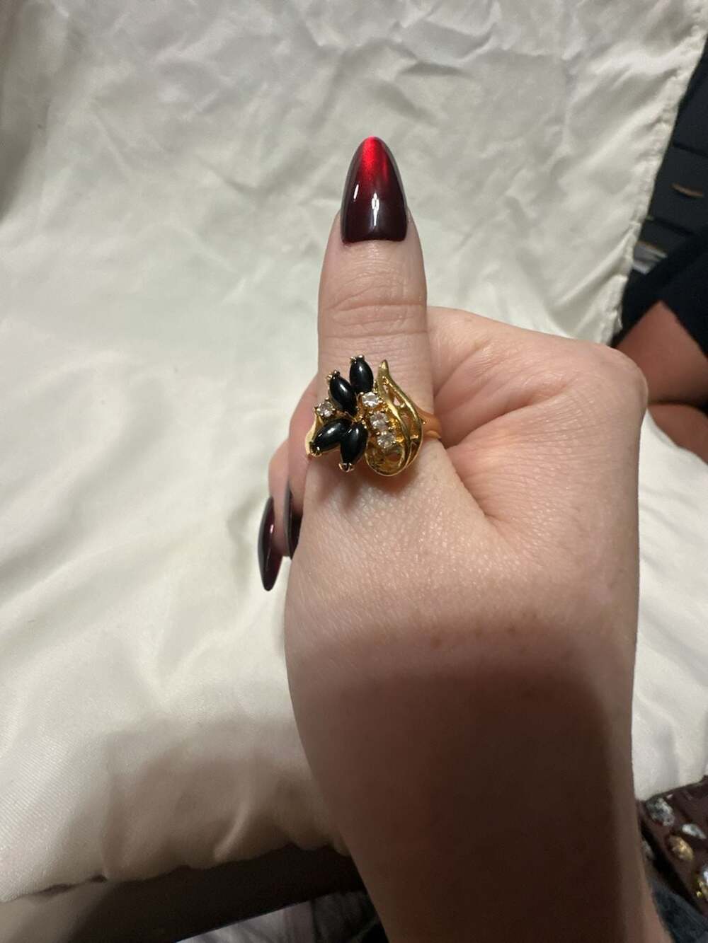 Vintage 14k HGE Marquise Black Onyx Crystal Cluster Ring